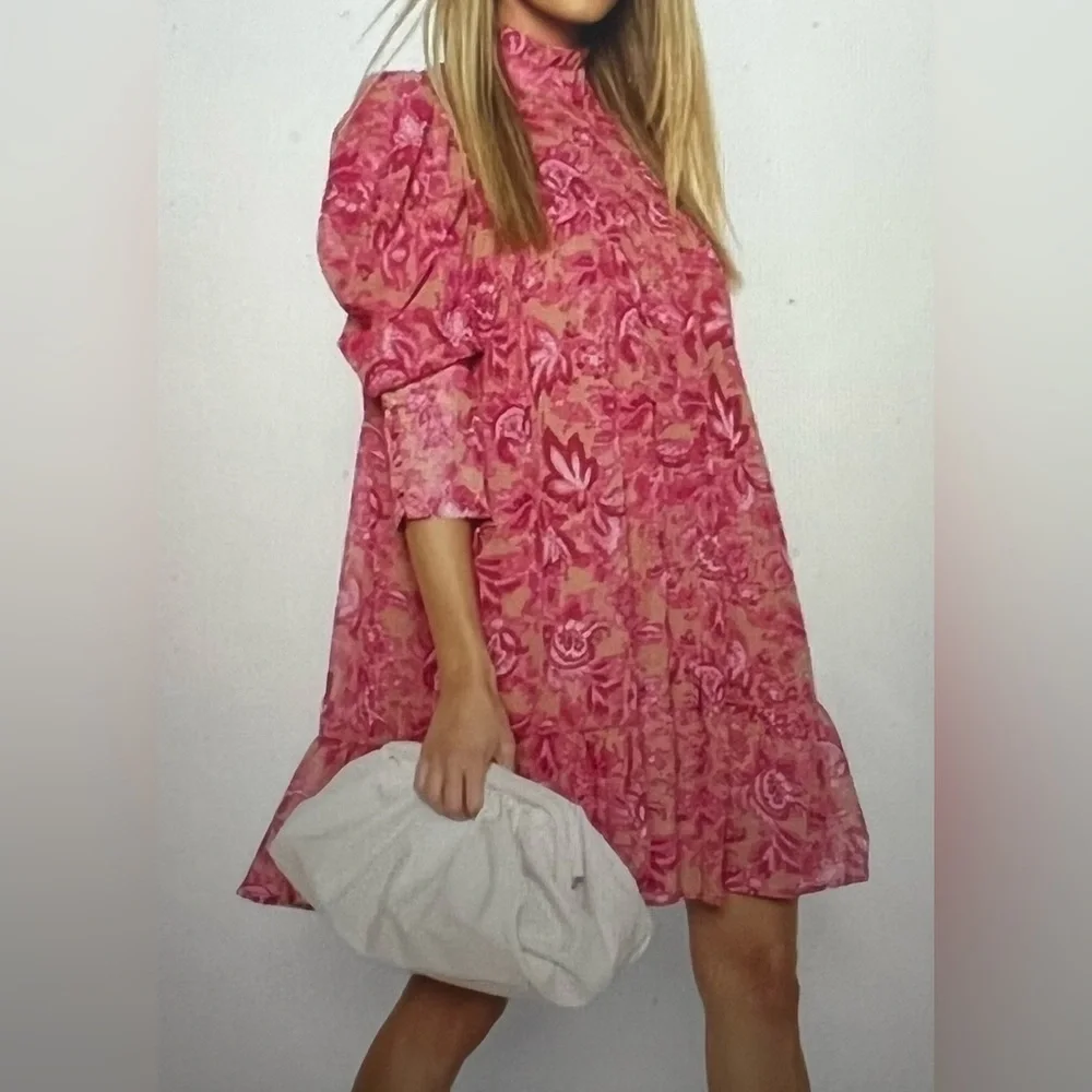 Boohoo Printed Puff Sleeve Ruffle Neck Smock Dress | Size 14 (XL) NWT
